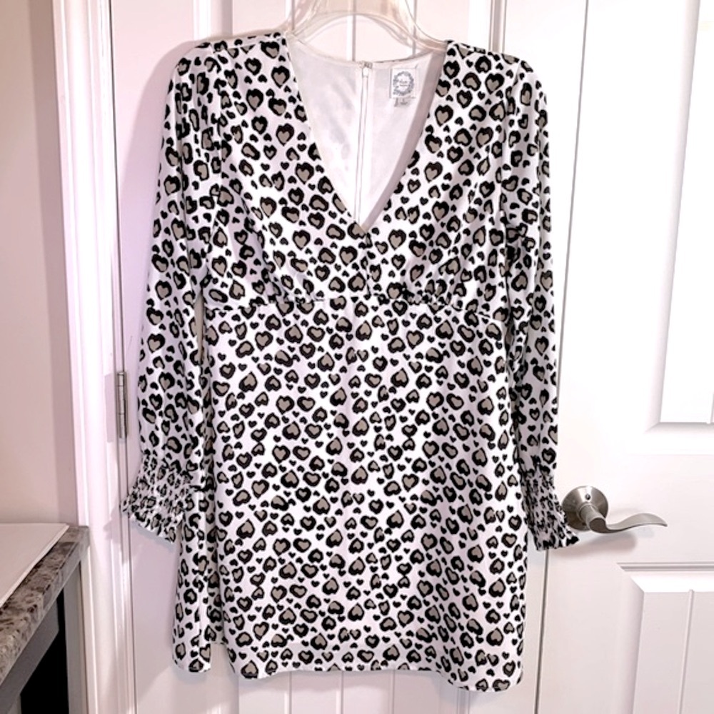 Blue Rain Francesca’s Lori V-neck Leopard Hearts Mini Dress Size Large